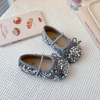 Girls Shoes Kids Glitter Leather Shoes for Wedding Stage Party Sequins Bling Shiny with Bow-knot Princess Soft Children's Flats