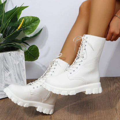Boots Women Autumn Winter PU Leather White Ankle Boots Motorcycle Botines Female Chunky Heels Platform Boots Botas Mujer