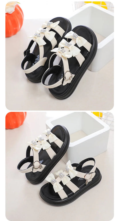 Girls Sandals with Sweet Bows Soft Sole Kids Beach Shoes Versatile 2025 Summer New Children Princess Shoes Casual Non-slip Cute