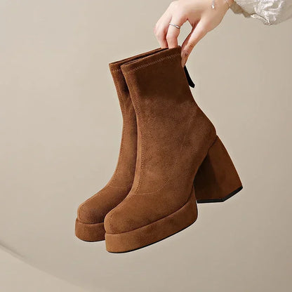 Women's Fashion High-heeled Boots Winter New British Style Soft Sole Anti-slippery Catwalk Versatile Keep Warm Leather Shoe