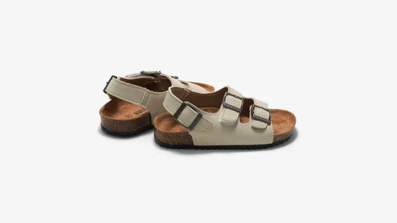 Boys Summer Soft Soled Cork Sandals Children One Line Herringbone Slippers Girl Beach Breathable Double Ring Buckle Casual Shoes