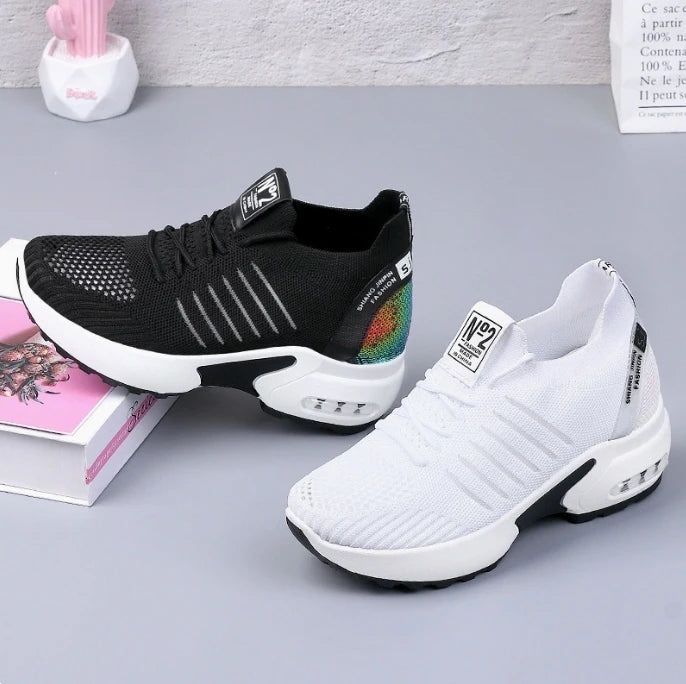 2025 Women's Sneakers Spring Sequined Casual Shoes Woman Platform Heels Wedges Height Increasing Knitted Ladies Vulcanized Shoes