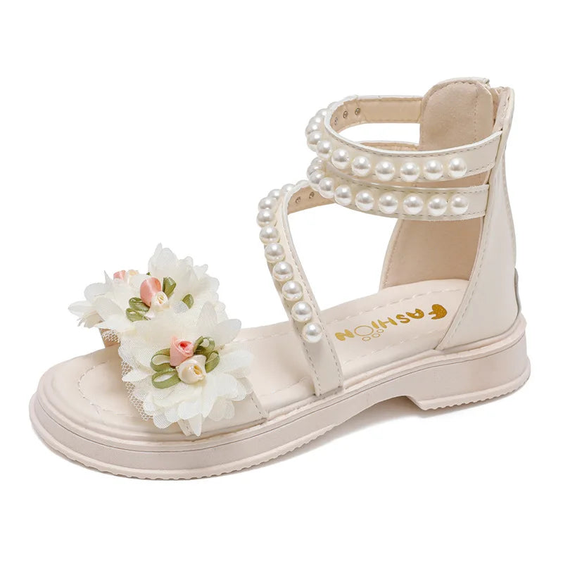 Children's Sandals Summer Bowtie Princess Shoes for Girls Fashion Sweet Kids Causal Pearl Roman Sandals Solid Color Hook Loop
