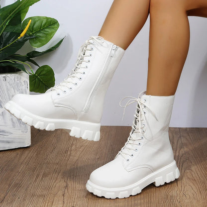 Boots Women Autumn Winter PU Leather White Ankle Boots Motorcycle Botines Female Chunky Heels Platform Boots Botas Mujer