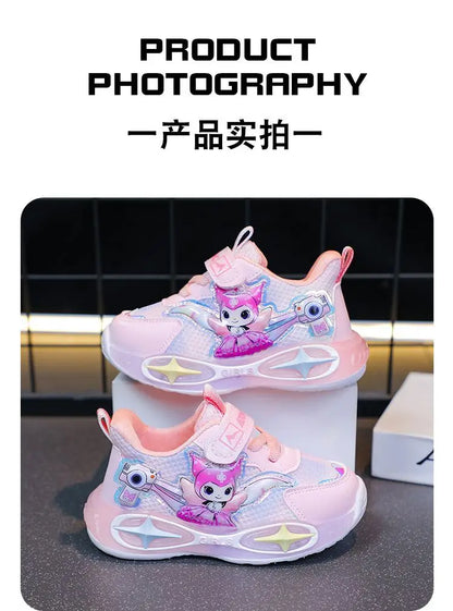 Sanrio Kuromi Girls Light Up Sneakers New Waterproof Leather Princess Running Casual Sports Shoes with Cotton Lined for Kids