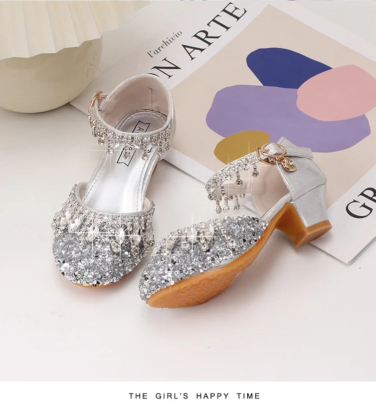 Girls' high-heeled princess shoes model catwalk show silver children's dress shoes shiny stage crystal sandals