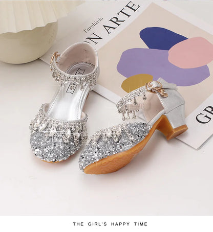 Girls' high-heeled princess shoes model catwalk show silver children's dress shoes shiny stage crystal sandals