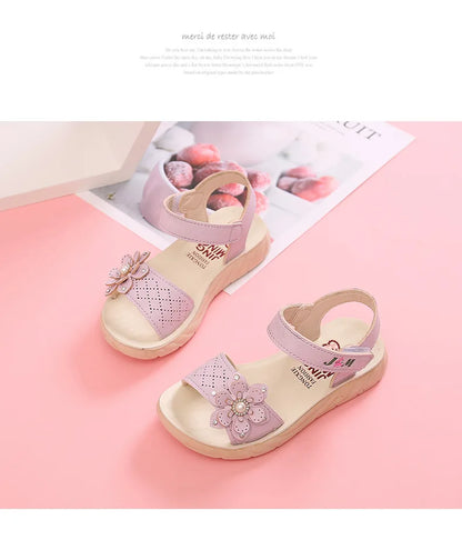 Girls Sandals 2023 Summer Children Shoes Soft Soled Non-slip Kids Flower Pearl Beach Shoes Fashion Princess Sandals босоніжки