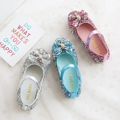 Party Dresses for Girl Spring Fashion Glitter Girl Shoe Water Diamond Princess Shoe Soft Sole Kid Shoes Bow Kid Leather Shoe