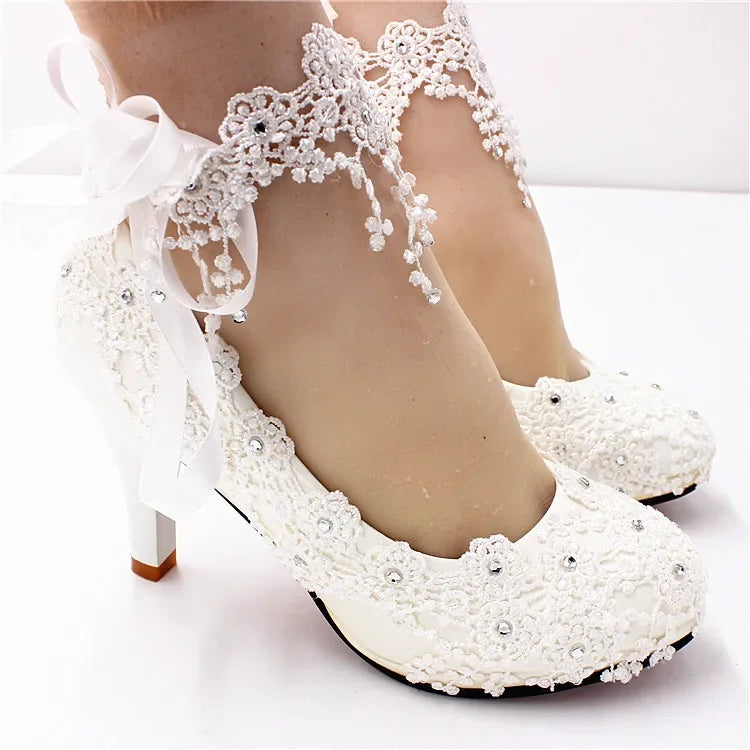 New Shoes Woman Bride Elegant White Lace Pearl Design High Heels Women's High Heels Bride Wedding Shoes Ladies