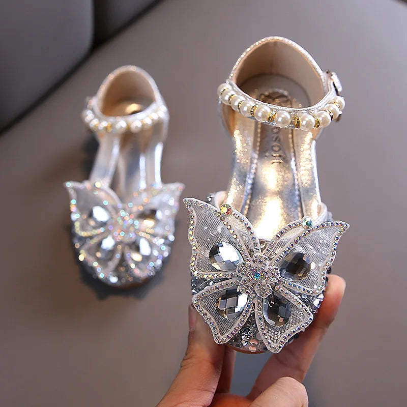 New Children's Party Wedding Children Shoes Sequin Lace Bow Kids Shoes Cute Pearl Princess Dance Single Casual Girls Shoe