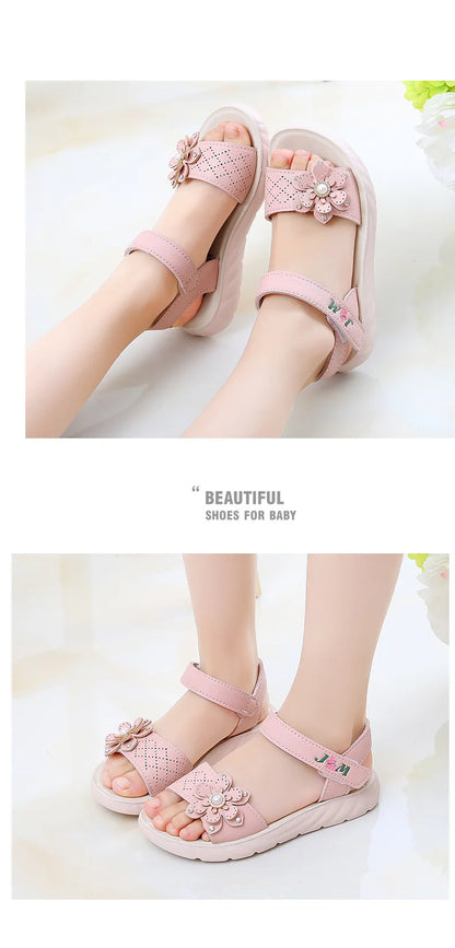 Girls Sandals 2023 Summer Children Shoes Soft Soled Non-slip Kids Flower Pearl Beach Shoes Fashion Princess Sandals босоніжки