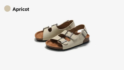 Boys Summer Soft Soled Cork Sandals Children One Line Herringbone Slippers Girl Beach Breathable Double Ring Buckle Casual Shoes
