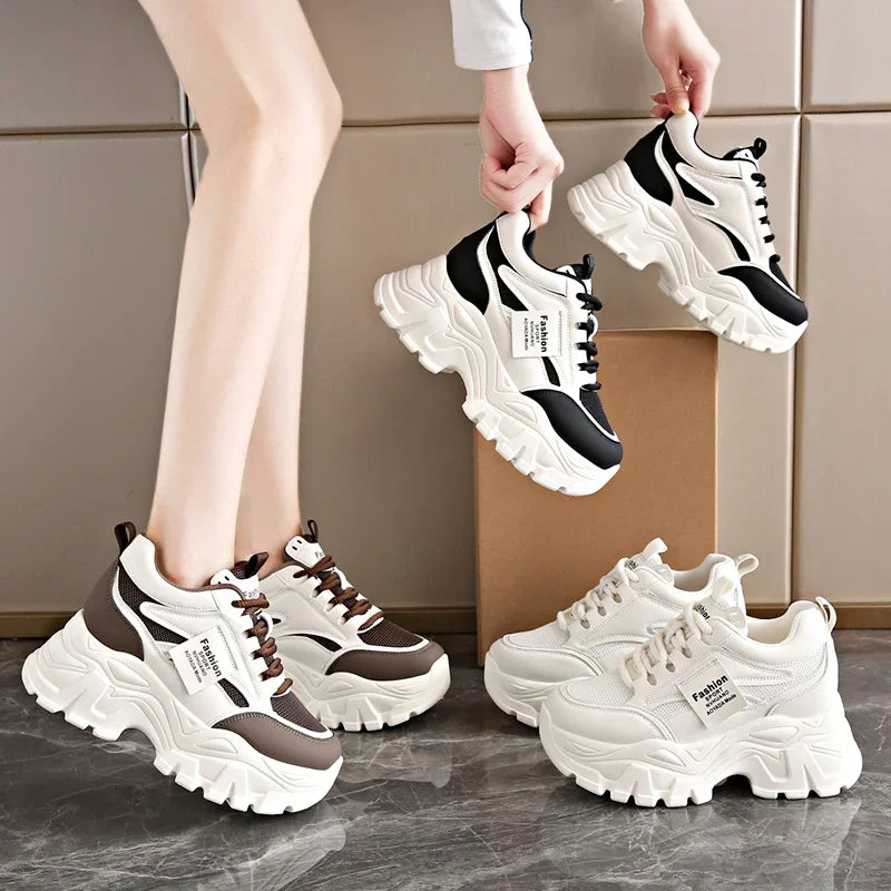 Women's White Platform Sneakers 2025 Spring Lace Up Thick Bottom Vulcanized Shoes Woman Breathable Non Slip Sports Shoes Ladies