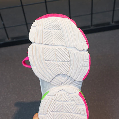Girl's Color Block Mesh Breathable Chunky Shoes Comfy Non Slip Lace Up Durable Sneakers For Kid's Outdoor Activities