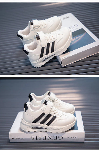 2026 New Spring Fall Sport Shoes for Boys Fashion Patchwork Stripes Dad Sneakers for Girls Black Khaki Gray Kids Trainers