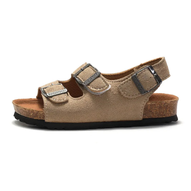 Boys Summer Soft Soled Cork Sandals Children One Line Herringbone Slippers Girl Beach Breathable Double Ring Buckle Casual Shoes