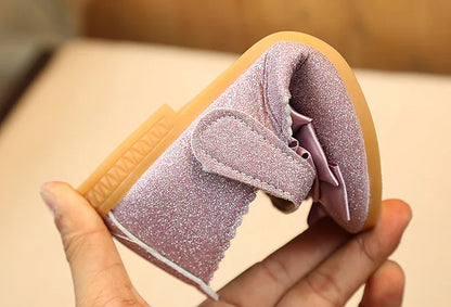Glitter with Bow-knot Princess Sweet Bling Dress Shoes for Dance Party Girls Leather Shoes for Toddlers Kids Big Children Flats