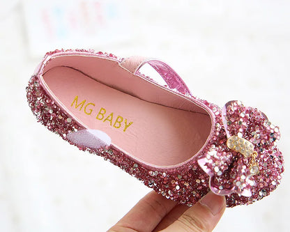 Party Dresses for Girl Spring Fashion Glitter Girl Shoe Water Diamond Princess Shoe Soft Sole Kid Shoes Bow Kid Leather Shoe