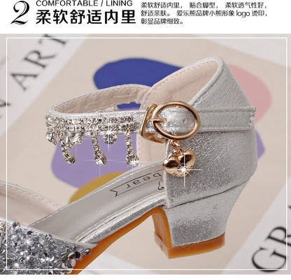 Girls' high-heeled princess shoes model catwalk show silver children's dress shoes shiny stage crystal sandals