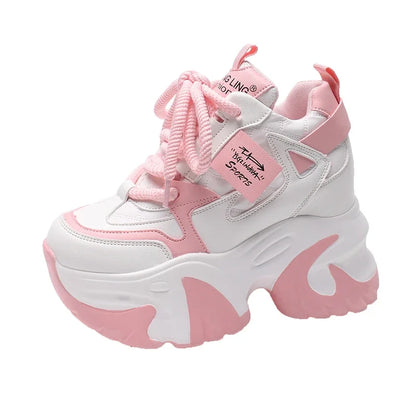 Women Walking Sneakers 2025 Spring Lace-up High Platform Chunky Shoes Breathable Leather Shoes 10CM Wedge Heels Casual Shoes