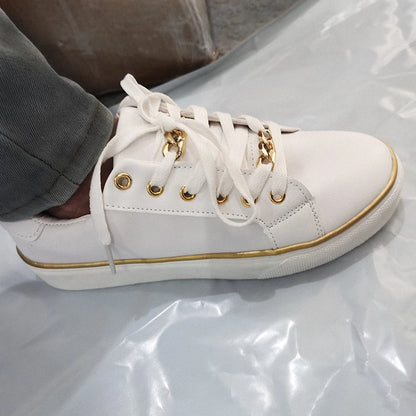 Women's Sneakers New Fashion Chain Leather Comfortable Round Toe Platform Sneakers Lace-up Walking Women's Vulcanized Shoes
