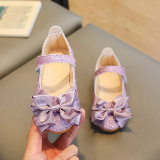 Female Glitter Princess Dress Shoes Soft Bottom Bow-knot Dance Party Shoes Bright Non-slip Leather Shoes Girls