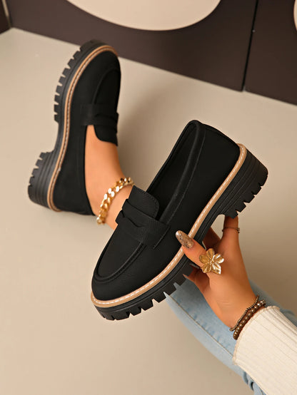 New Black/Brown Solid Color Thick-Soled Loafers Women's Platform Slip-On Shoes Retro Versatile Small Leather Shoes for Commuting