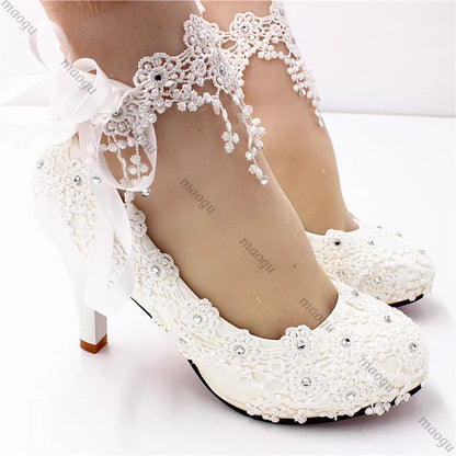 New Shoes Woman Bride Elegant White Lace Pearl Design High Heels Women's High Heels Bride Wedding Shoes Ladies