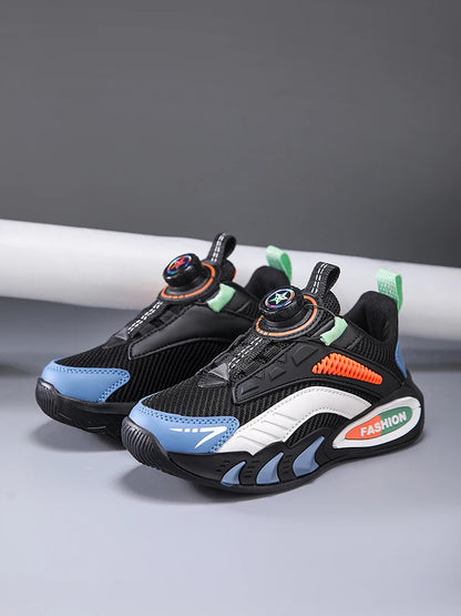 Boys' New Trendy Color-Blocked Mesh Sneakers with Knob Buckle, Dad Shoe Style Breathable Children's Shoes, Spring and Autumn Campus Outdoor Non-Slip Running Shoes, Casual Sports Trendy Shoes