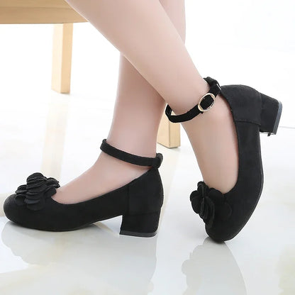Girl's High Heel Shoes Spring Autumn Kids Leather Shoe Fashion Sweet Flower Children Princess Shoes for Wedding Party Versatile