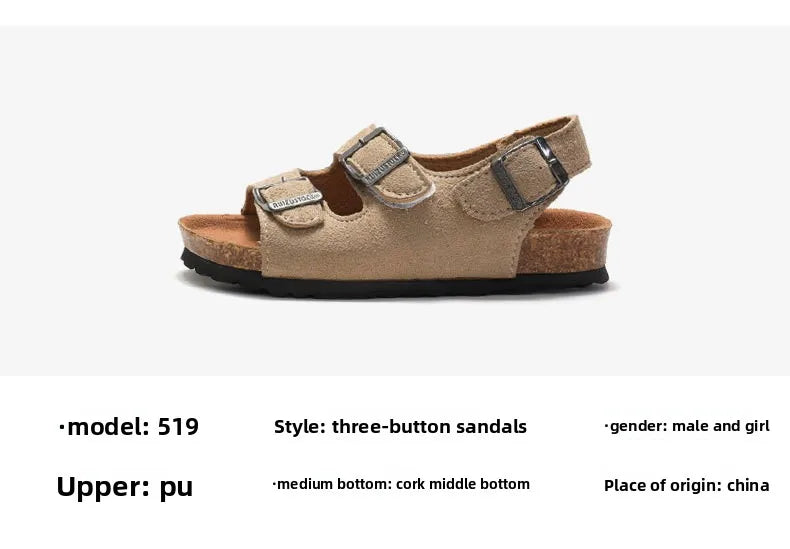 Boys Summer Soft Soled Cork Sandals Children One Line Herringbone Slippers Girl Beach Breathable Double Ring Buckle Casual Shoes