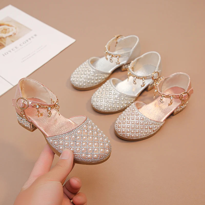 Girls Dress Shoes for Wedding Party Glitter Rhinestone with Pendants Shiny Glitter Fashion Princess Kids Leather Shoes High Heel
