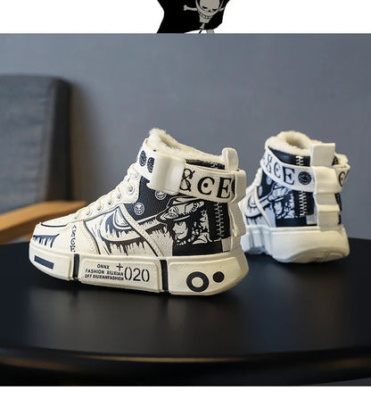 Boys' high-top sneakers Autumn new style children's sports shoes Buckle student soft-soled fleece casual shoes