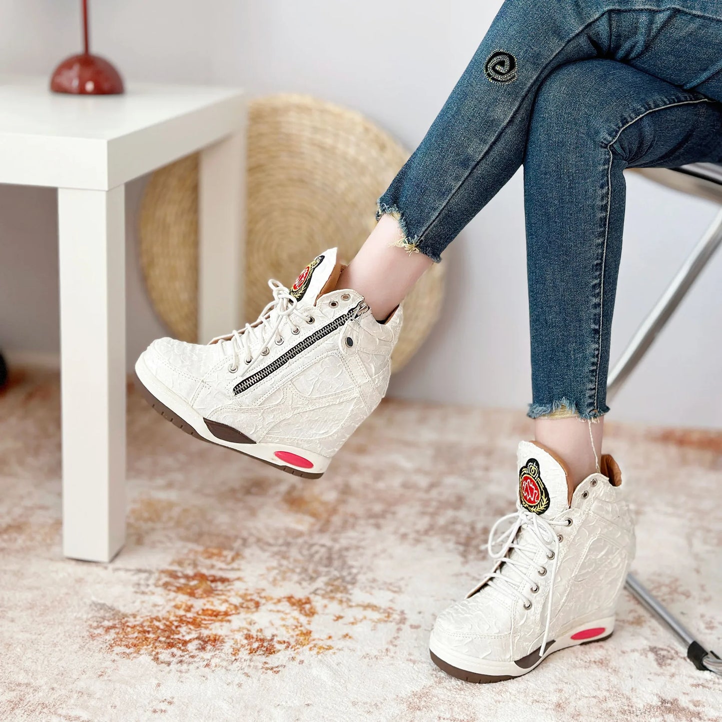 Womens Sneakers Shoes Fashion Platform Designer Thick Sole Casual Hoof Heels TPR Autumn Round Toe Solid High Increased Inte