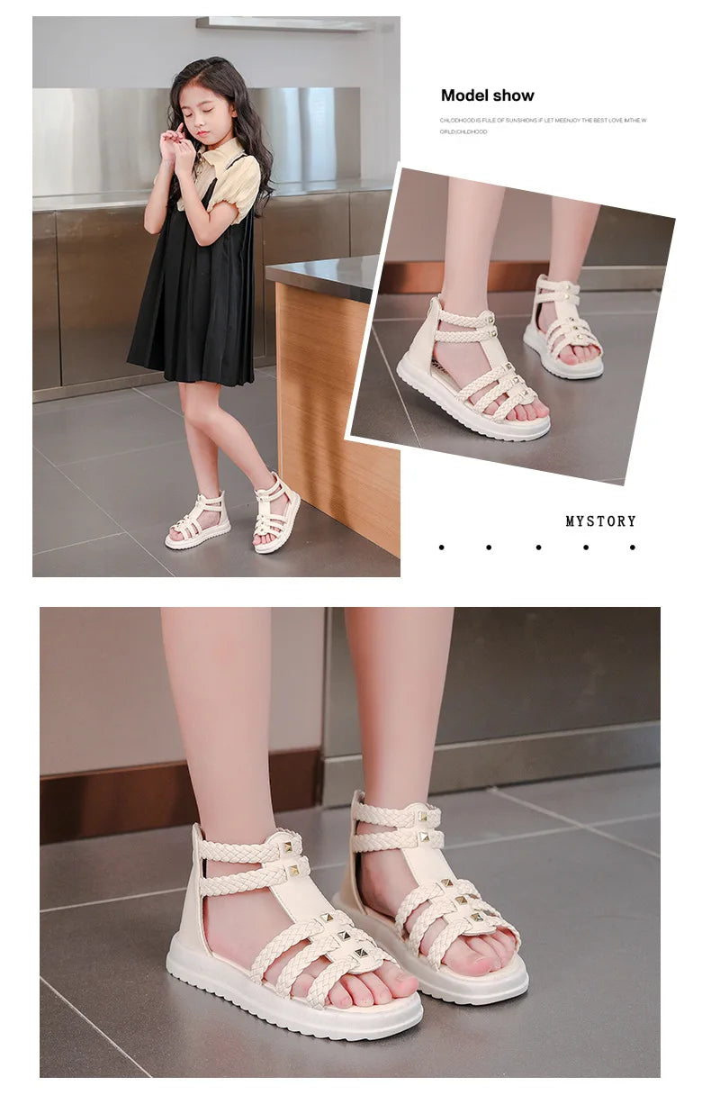 Kids Summer Sandals for Girls 2025 New Versatile Korean Style PU Soft Non-slip Flat Casual Weave Gladiator Sandals Princess Soft