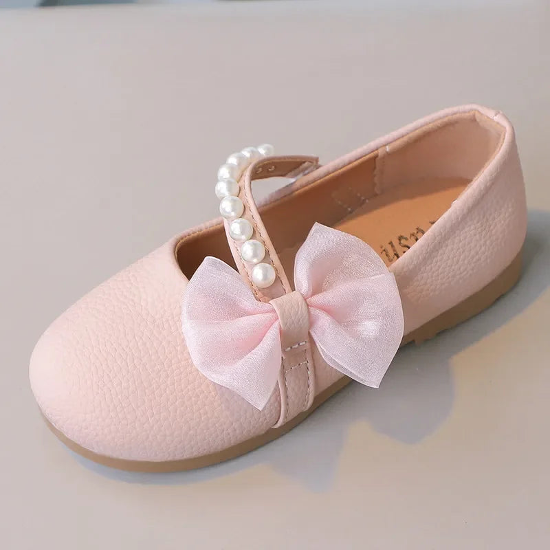 Girls Pearls Leather Shoes for Party Wedding Children Elegant Princess Shoes with Bow-knot Kids Flats Mary Janes Shoes Round-toe