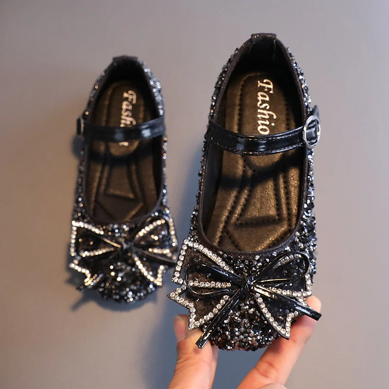 Girl's Princess Shoes Crystal Sequins Bowtie Party Glitter Children Mary Janes Three Colors Wedding Shallow Chic Kids Shoe 26-36