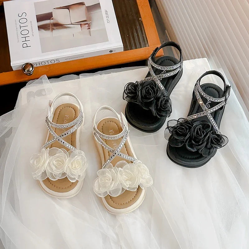 Girls Princess Sandals with Flowers Summer Fashion Children Rhinestone Performance Shoes Big Kids Gladiator Sandals 2025 New