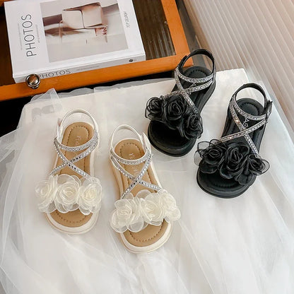 Girls Princess Sandals with Flowers Summer Fashion Children Rhinestone Performance Shoes Big Kids Gladiator Sandals 2025 New