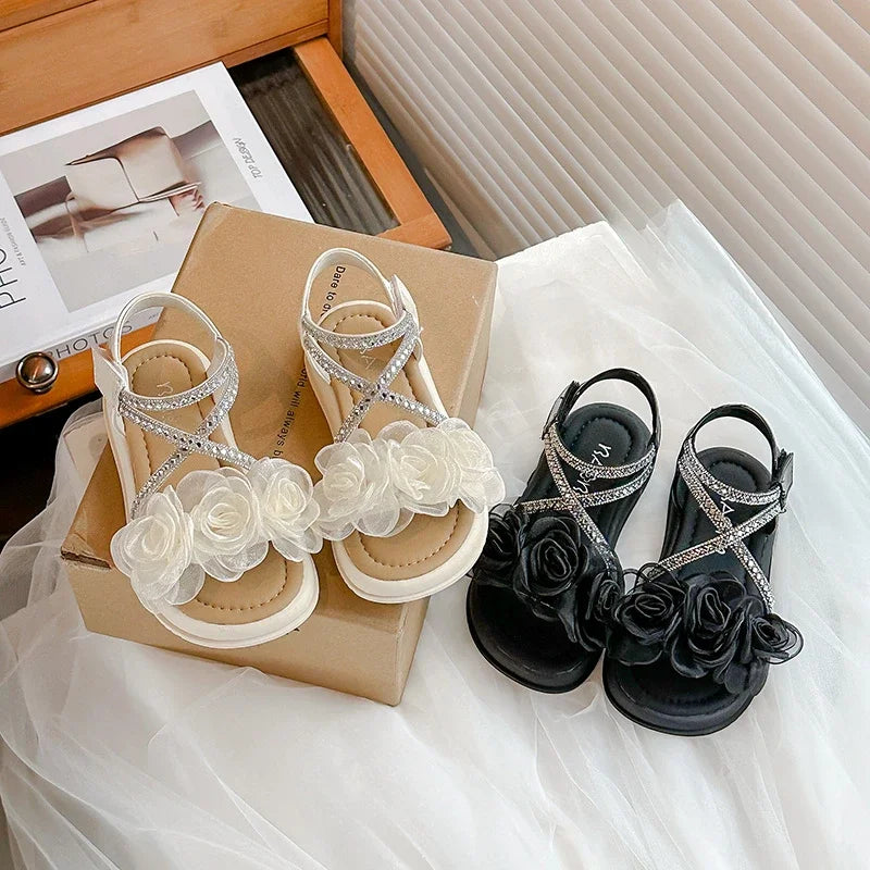 Girls Princess Sandals with Flowers Summer Fashion Children Rhinestone Performance Shoes Big Kids Gladiator Sandals 2025 New