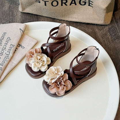 Girls' Sandals Summer New Children's Flower Princess Shoes Medium Large Children's Soft Bottom High Butt Roman Shoes