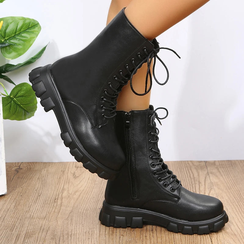 Boots Women Autumn Winter PU Leather White Ankle Boots Motorcycle Botines Female Chunky Heels Platform Boots Botas Mujer