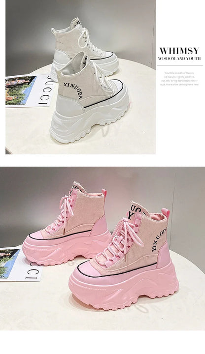 Women Sneakers High Top Platform Breathable Leather Shoes Autumn Ladies Wedges Casual Shoes For Woman Sports Dad Shoes 8CM