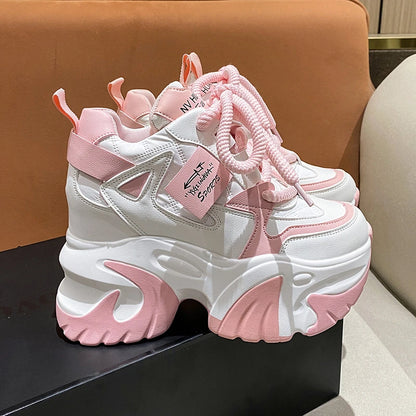 Women Walking Sneakers 2025 Spring Lace-up High Platform Chunky Shoes Breathable Leather Shoes 10CM Wedge Heels Casual Shoes