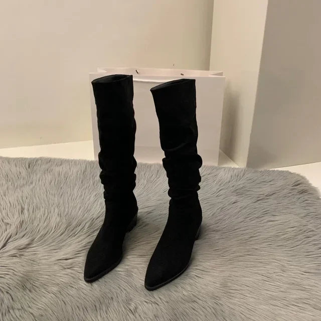 Women's Suede High-heeled Boots for Autumn and Winter, New Plush Pointed Stacking Boots, Fashionable Outdoor Knight Boots