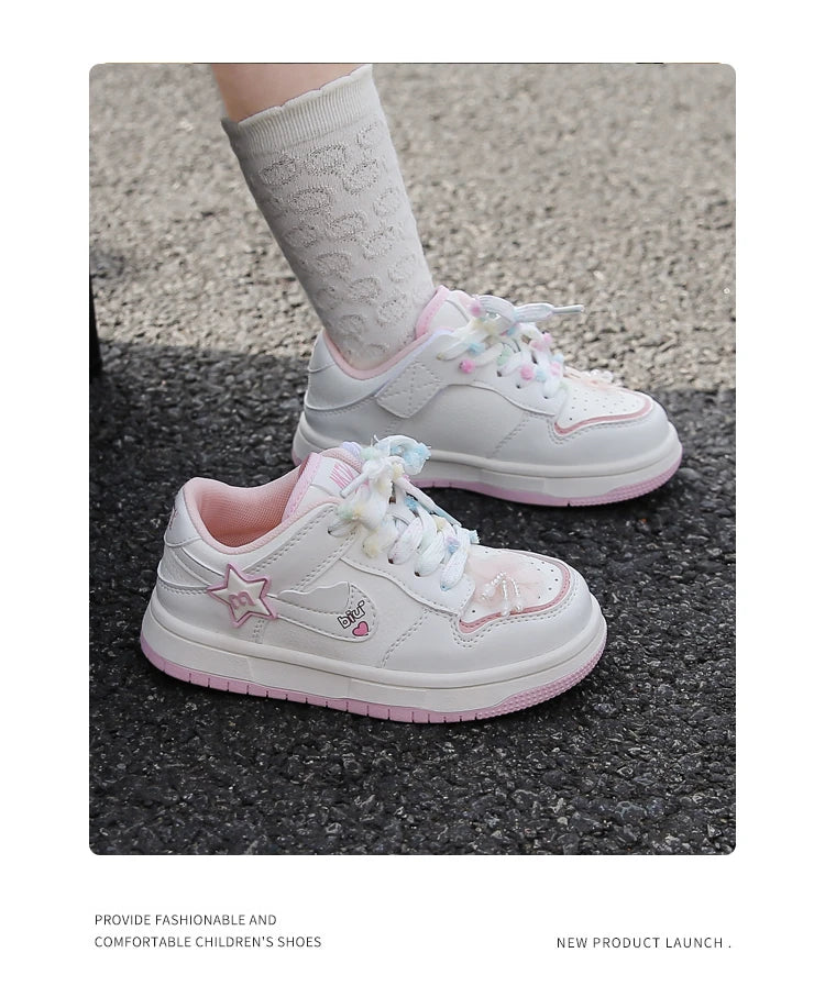 Girls' white sneakers autumn New leather breathable casual shoes, girls' soft-soled sports shoes and running shoes