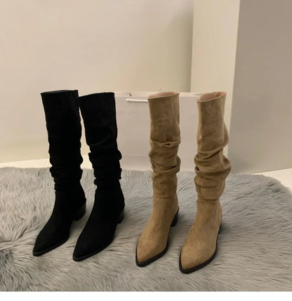 Women's Suede High-heeled Boots for Autumn and Winter, New Plush Pointed Stacking Boots, Fashionable Outdoor Knight Boots