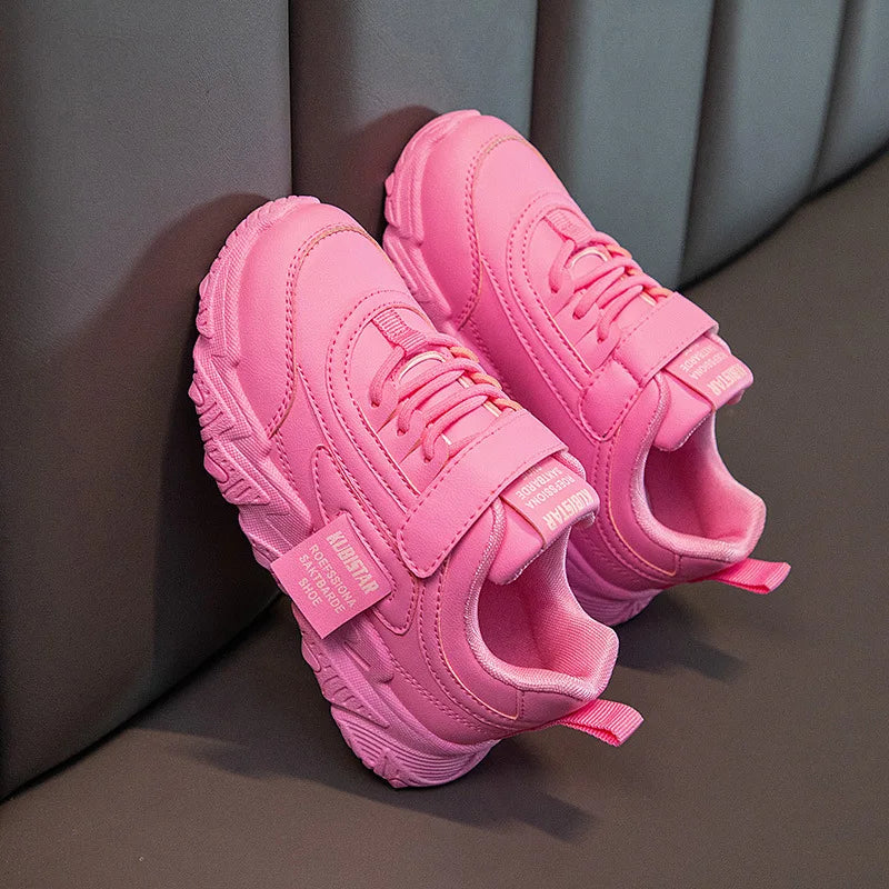 Spring New Kids Sneakers 2023 PU Girls Casual Mesh Solid Pink Light Boys White Hook & Loop Children Non-slip Sports Shoe Fas