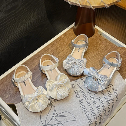 Baby Girls Summer Fashion Soft Lightweight Elegant Beaded Bow Flat Sandals Kids One-piece Cute Cartoon Dance Princess Shoes